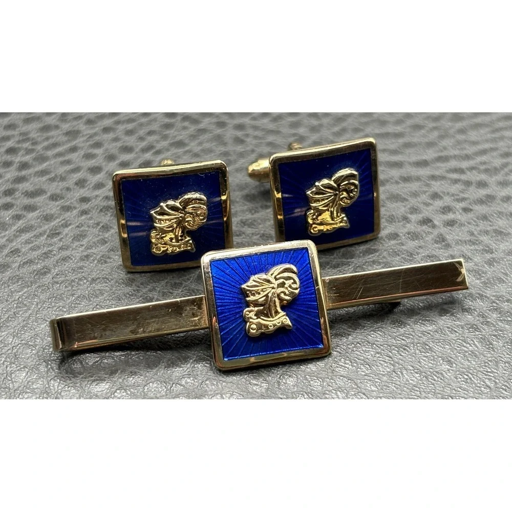 Vintage Knight Heraldic Soldier Blue Guilloche Enamel Cufflinks Tie Clip Set